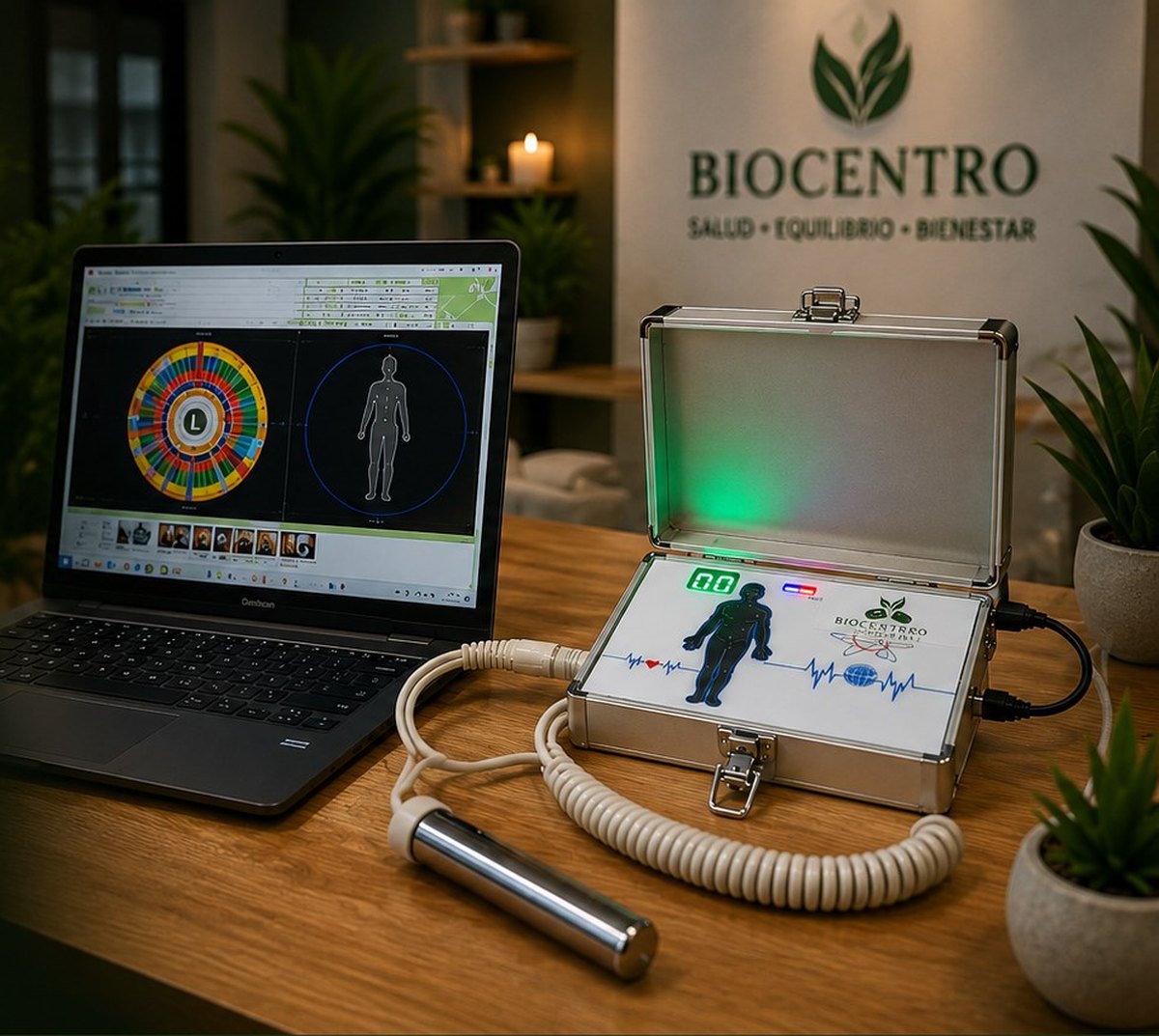 Bioenergetic scanner and laptop in a Biocentro Natural treatment room