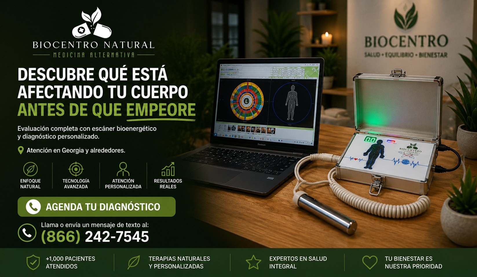 Biocentro Natural — evaluación completa con escáner bioenergético. Llama o escribe al (866) 242-7545.